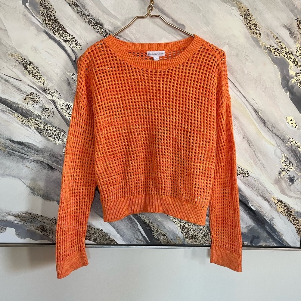 Calvin Klein Crochet Knit Sweater Orange ‎ Open Weave Festival Chic Summer Top M